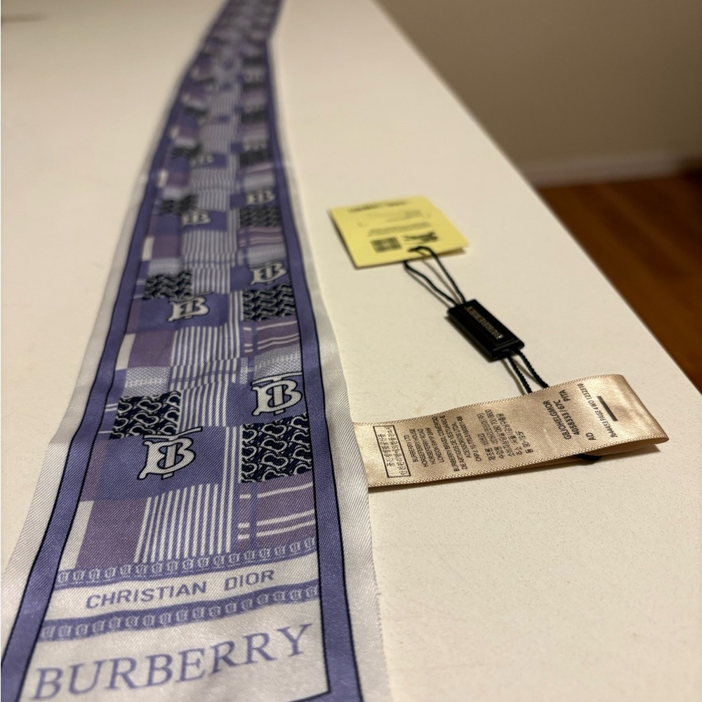 Burberry Purple and White Silk Scarf. 47L x 3W.
